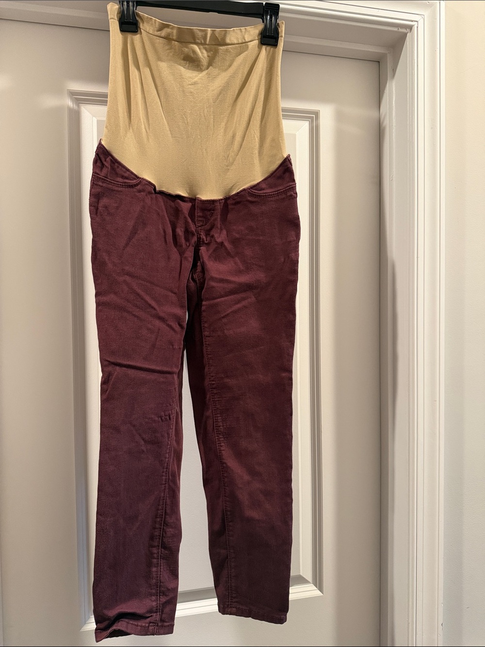 1822 Denim Maternity Straight-Leg Corduroy Pants in Burgundy and Beige
